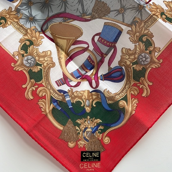 CELINE Paris  trumpet pattern Cotton Handkerchief Scarf Red and white - Picture 3 of 13